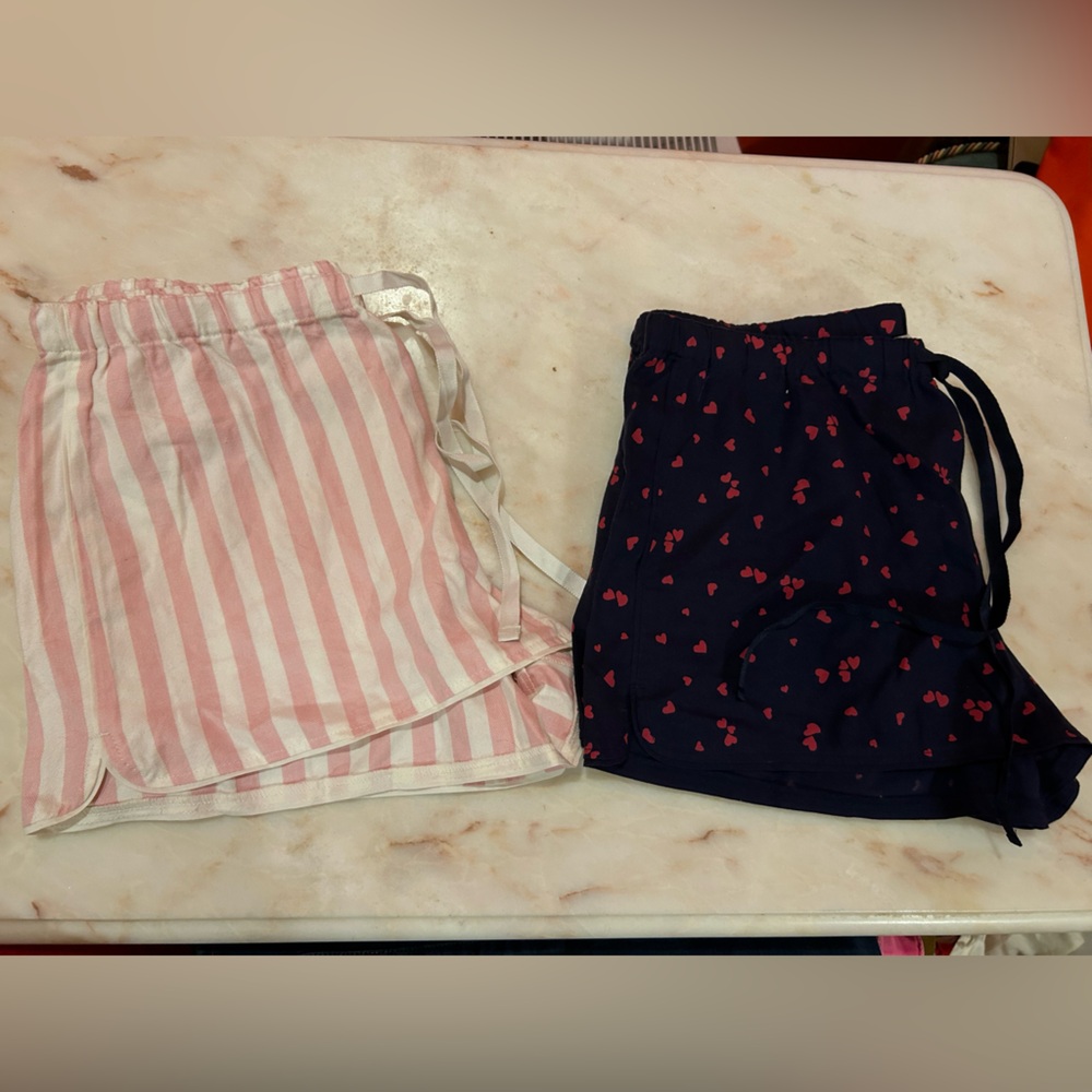 Two pair LOFT pajama Shorts in Pink and White Stripes and hearts